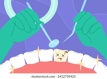 Dentist remove tooth with caries. Hands in green ruber gloves with stomatology equipment. Mirror with reflection. Health care and medicine. Oral hygiene. Cartoon flat vector illustration