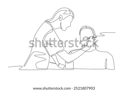 Dentist removes patient's tooth. Dentist concept one-line drawing