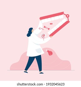 Dentist researching web template, cartoon style Screen web template for mobile phone, landing page, template, UI, web, mobile app, poster, banner, flat Vector illustration