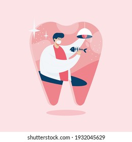 Dentist researching web template, cartoon style Screen web template for mobile phone, landing page, template, UI, web, mobile app, poster, banner, flat Vector illustration