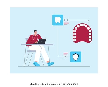 Dentista revisando paciente com dentes problemáticos, ilustração vetorial.