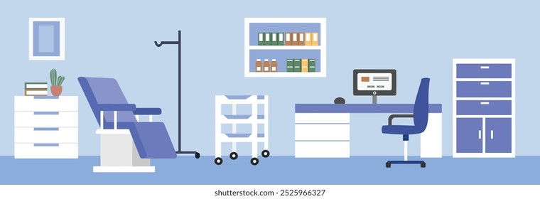 Ilustração de sala de dentista. Ilustração da sala de clínicas. Dentista. Sala de consulta do hospital. Espaço médico no escritório. Interior do quarto médico. 