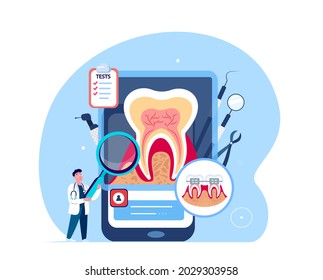 Dentist Scientist,Stomatologist Doctor Examine Tooth Roots,Nerves.Dentristy Teeth Research. Smartphone Tooth dental X Ray Radiography,Rontgen.Medical Council Diagnostics.Digital Vector Illustration