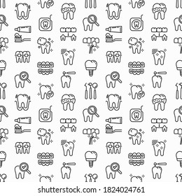 Dentist seamless pattern with thin line icons: dental instruments, caries under magnifier, orthodontics, tooth extraction, veneers, tooth whitening, implant, braces, calculus. Vector illustration.