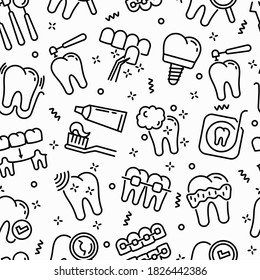 Dentist seamless pattern with thin line icons: dental instruments, caries under magnifier, orthodontics, tooth extraction, veneers, tooth whitening, implant, braces, calculus. Vector illustration.