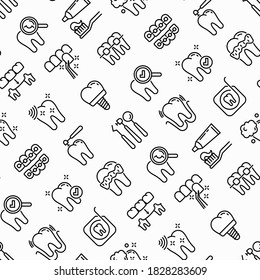 Dentist seamless pattern with thin line icons: dental instruments, caries under magnifier, orthodontics, tooth extraction, veneers, tooth whitening, implant, braces, calculus. Vector illustration.