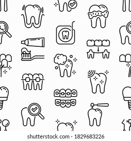 Dentist seamless pattern with thin line icons: dental instruments, caries under magnifier, orthodontics, tooth extraction, veneers, tooth whitening, implant, braces, calculus. Vector illustration.