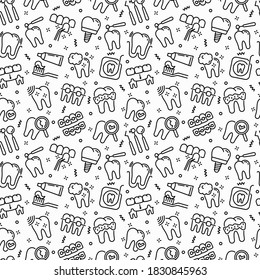 Dentist seamless pattern with thin line icons: dental instruments, caries under magnifier, orthodontics, tooth extraction, veneers, tooth whitening, implant, braces, calculus. Vector illustration.