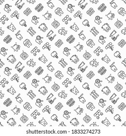 Dentist seamless pattern with thin line icons: dental instruments, caries under magnifier, orthodontics, tooth extraction, veneers, tooth whitening, implant, braces, calculus. Vector illustration.