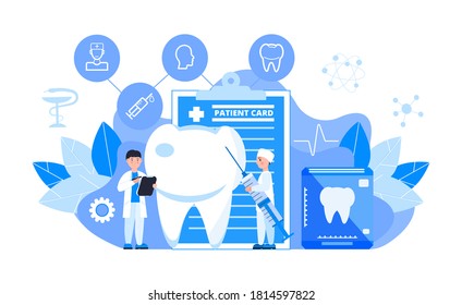 Dentist service vector concept for landing page. Tiny dentists make x-ray scan of teeth to help toothache, to whiten enamel or recovery implant. Dental hygiene illustration.