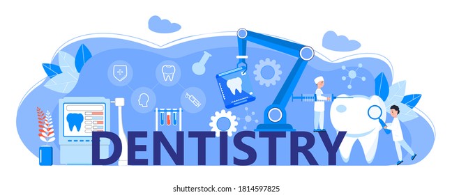 Dentist service vector concept for landing page. Tiny dentists make x-ray scan of teeth to help toothache, to whiten enamel or recovery implant. Dental hygiene horizontal banner.