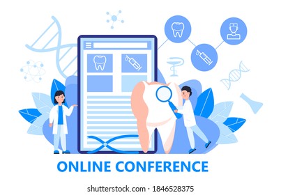 Dentist service vector concept for landing page. Tiny dentists make x-ray scan of teeth to help toothache, to whiten enamel or recovery implant. Online conference for dentistry specialists.