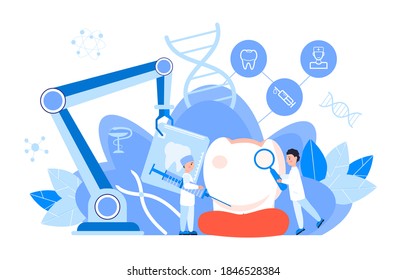 Dentist service vector concept for landing page. Tiny dentists make x-ray scan of teeth to help toothache, to whiten enamel or recovery implant. Online conference for dentistry specialists.