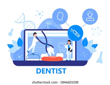 Dentist service vector concept for landing page. Tiny dentists make x-ray scan of teeth to help toothache, to whiten enamel or recovery implant. Online conference for dentistry specialists.