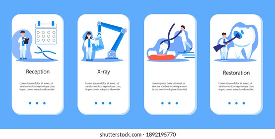 Dentist service vector concept for mobile app. Tiny dentists make x-ray scan of teeth to help toothache, to whiten enamel or recovery implant. Online conference for dentistry specialists.