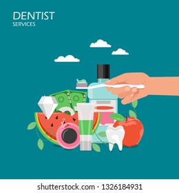 Dentist services concept vector flat illustration. Hand holding toothbrush with toothpaste, mouthwash, healthy tooth, apple, slice of watermelon, diamond, paper money. Dental hygiene poster, banner.