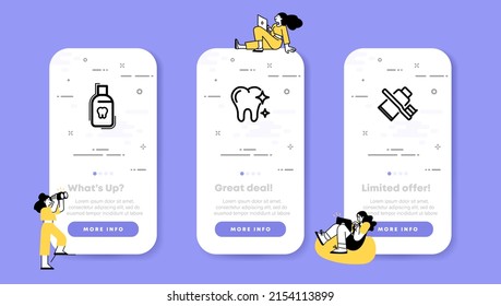 Dentist Set Icon. Breath Freshener, Brushing Teeth, Toothpaste And Brush. Tooth Concept. UI Phone App Screens With People. Vector Line Icon For Business And Advertising