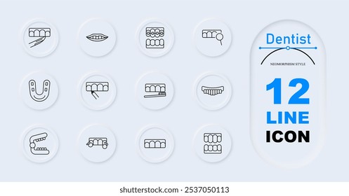 Dentist set icon. Teeth mold, smiling teeth, braces on teeth, tooth magnified, toothbrush with teeth, jaw model, tooth alignment, dental braces, dentures. Dental care, orthodontics, oral hygiene