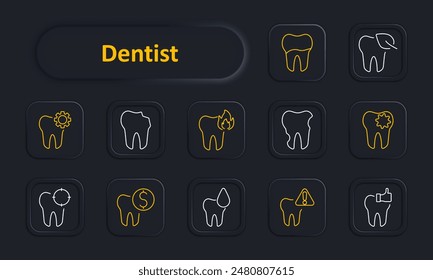 Dentist set icon. Tooth, dental care, cavity, extraction, braces, dental tools, implant, hygiene, root canal, checkup, floss. Oral health, dental services concept.