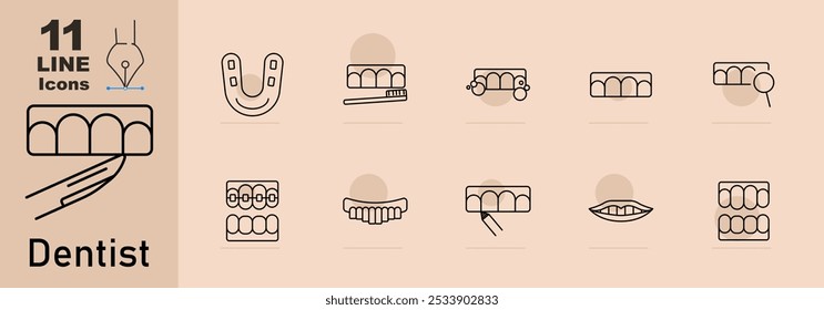 Dentist set icon. Tooth with dental tool, braces, shining, toothbrush, crowned, healthy, decayed, sparkling , root canal, extraction.