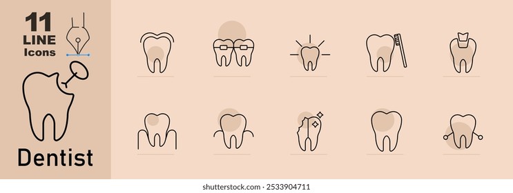 Dentist set icon. Tooth with dental tool, braces, shining tooth, toothbrush, crowned tooth, healthy, decayed, sparkling, root canal, extraction