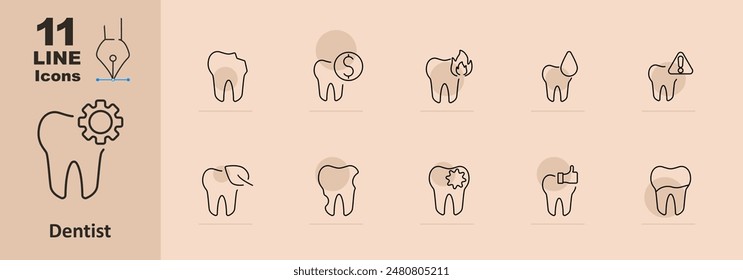 Dentist set icon. Tooth, dollar, fire, water, warning, decay, health, hygiene, care, treatment, dental, orthodontics, cavity, cleaning, extraction, smile, repair.