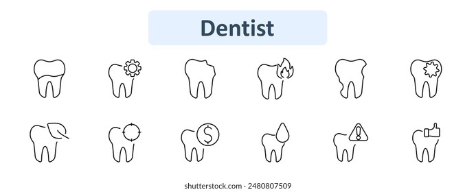 Dentist set icon. Tooth, gear, fire, broken tooth, star, leaf, target, dollar, water drop, warning, thumbs up. Dental health, care, hygiene concept