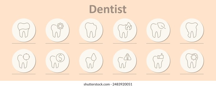 Dentist set icon. Tooth, gear, inflammation, broken, inspection, target, cost, drop, warning, treatment, cavity, health.