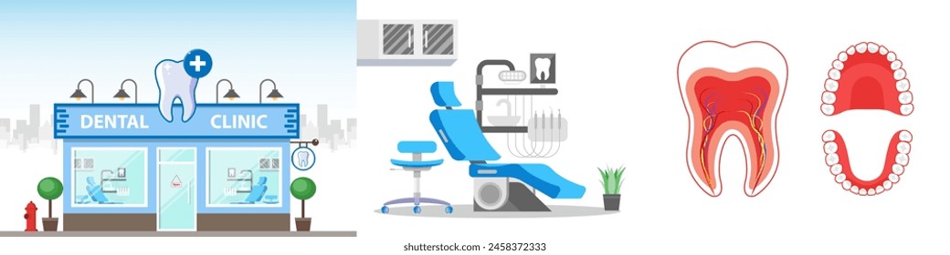 Dentist set including dentist chair tools and dental clinic Vector  dental collection