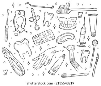 Dentist set including dentist tools and dental care tools. Vector hand drawn dental collection