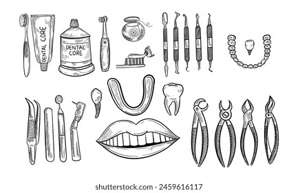 Dentist set including dentist tools and dental care tools. Vector hand drawn dental collection