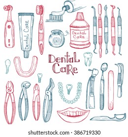 Dentist set including dentist tools and dental care tools. Vector hand drawn dental collection