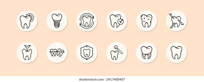 Dentist set line icon. Filling, teeth, caries, toothpaste and brush, crown, jaw, enamel. Pastel color background Vector line icon for business and advertising