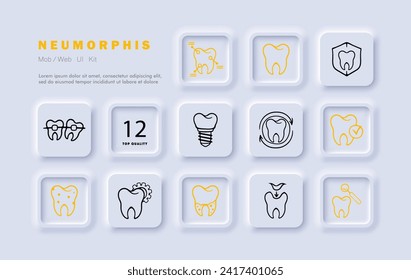 Dentist set line icon. Filling, teeth, caries, toothpaste and brush, crown, jaw, enamel. Neomorphism style. Vector line icon for business and advertising