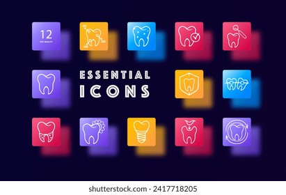 Icono de línea de conjunto de dentistas. Llenado, dientes, caries, dentífrico y cepillo, corona, mandíbula, esmalte. Estilo de glasmorfismo. Icono de línea de vector para negocios y publicidad