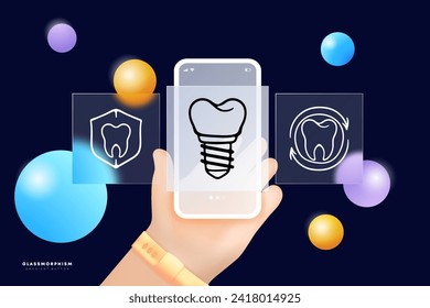 Dentist set line icon. Filling, teeth, caries, toothpaste and brush, crown, jaw, enamel. Glassmorphism. UI phone app screens. Vector line icon