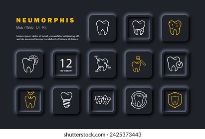 Dentist set line icon. Teeth, caries, treatment, prevention, whitening, enamel, filling, crown, nerve removal. Neomorphism style. Vector line icon for business and advertising