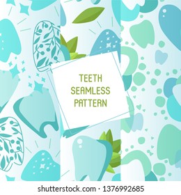 Dentist set of patterns vector illustration. Healthy tooth under protection with glowing effect, teeth whitening concept. Oral care clinic. Mint toothpaste. Herbs.