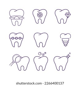 Dentist set. Teeth in outline style. Dentistry
