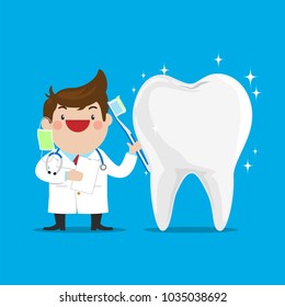 Dentist Showing how to Brush the Teeth with Clear White Healthy Teeth on iSolated Blue Background. Simple Flat Vector.