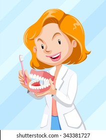 Dentista que muestra cómo cepillar la ilustración de los dientes