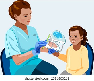 Dentist shows how to properly brush teeth to a little girl dentist holds a model of teeth in his hands shows how to properly brush teeth with a toothbrush Vector