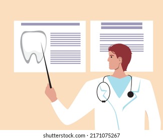 Dentist shows tooth infographic. Orthodontist. Flat vector stock illustration. Concept of study or exam of intern or ordinator