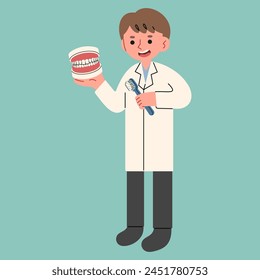 Dentista solo 1 lindo sobre un fondo verde azul, Ilustración vectorial.