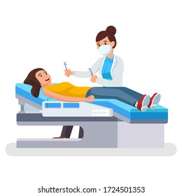 Dentist is sitting next to a patient and doing her work, clinic, health