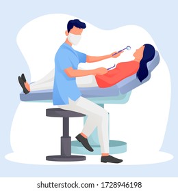 Dentist is sitting and working with a female patient in the chair