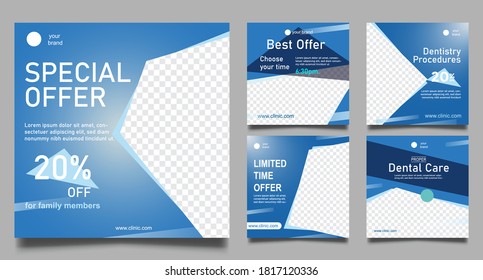 Dentist social media post templates. Medical promotion square web banner. Special offer banner. Sale and discount backgrounds. Vector illustration.