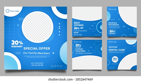 Dentist Social Media Post Templates. Medical Promotion Square Web Banner. Special Offer Banner. Sale And Discount Backgrounds. Vector Illustration.