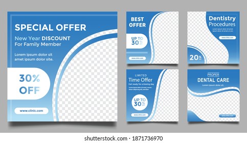 Dentist Social Media Post Templates. Medical Promotion Square Web Banner. Special Offer Banner. Sale And Discount Backgrounds. Vector Illustration.