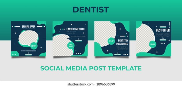 Dentist social media post templates. Medical promotion square web banner. Special offer banner. Sale and discount backgrounds. Vector illustration.